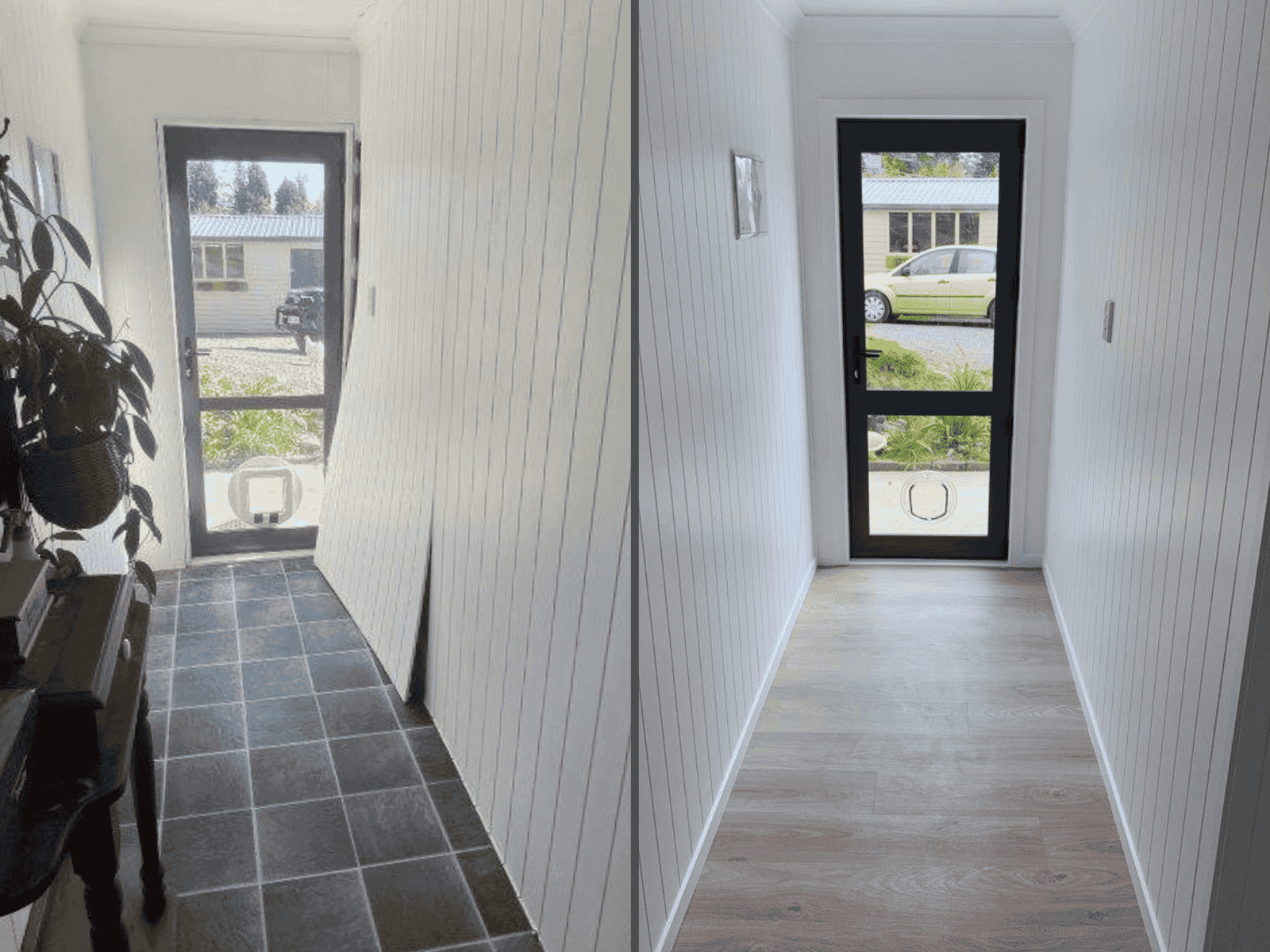 Before and after comparison of a hallway renovation in Tauranga showing transformation from a dark, dated space to a bright, modern entryway.